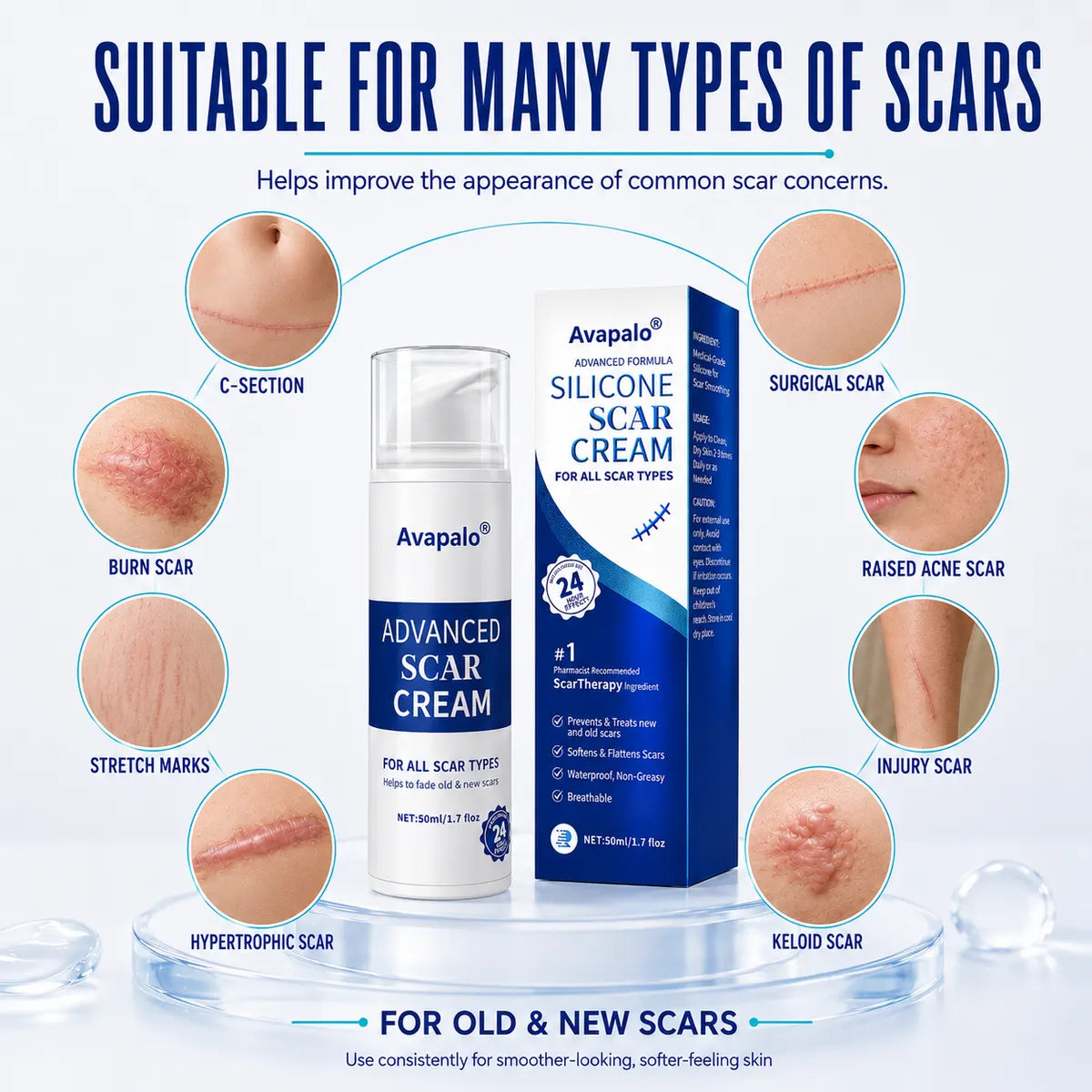🌸Avapalo® Advanced Silicone Scar Gel – Professional Scar Removal Cream for Surgical Scars, Keloids, Stretch Marks, C-Section & Old or New Scars Repair Treatment (Copy)